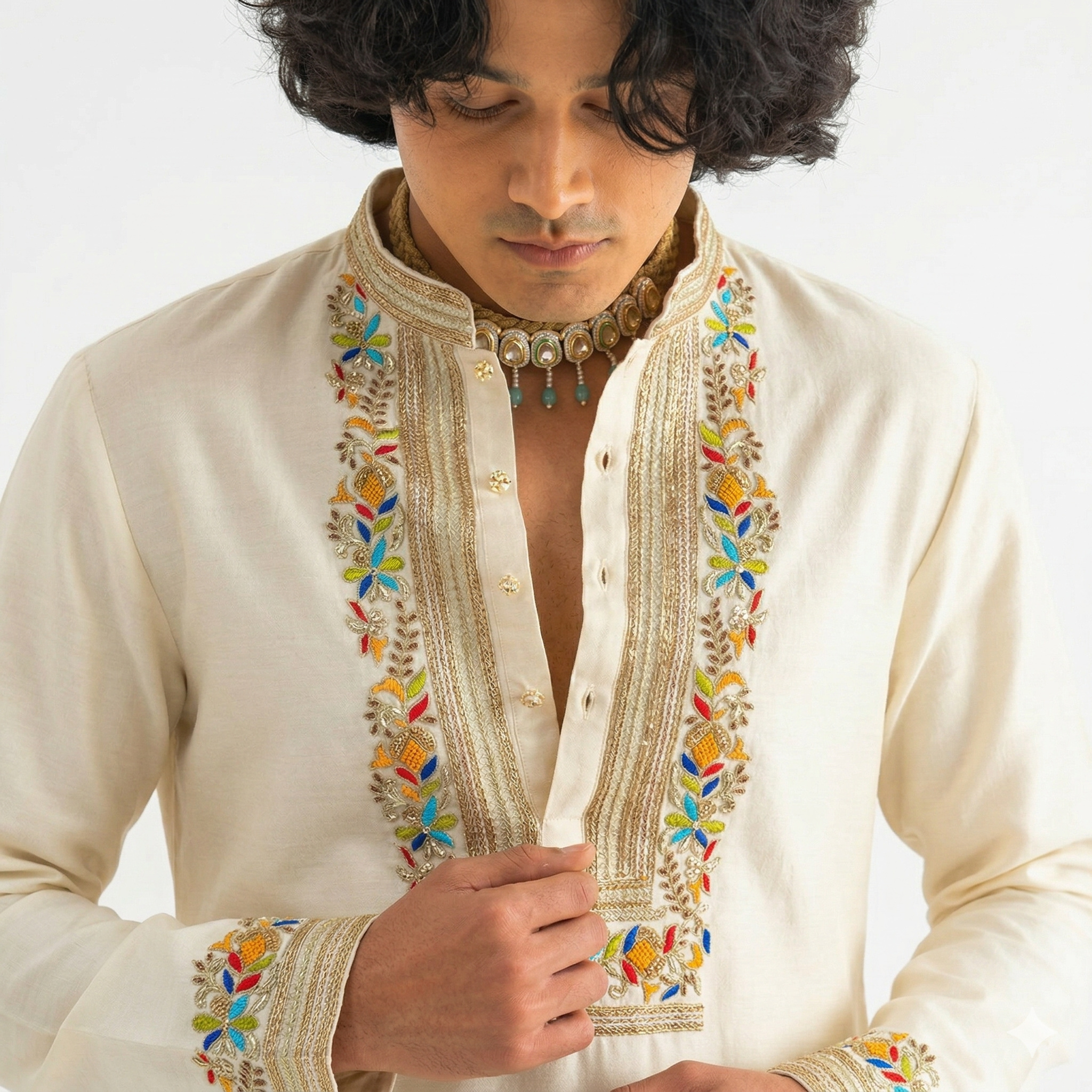 Ivory Hand-Embroidered Silk Kurta with Multicolored Resham Work