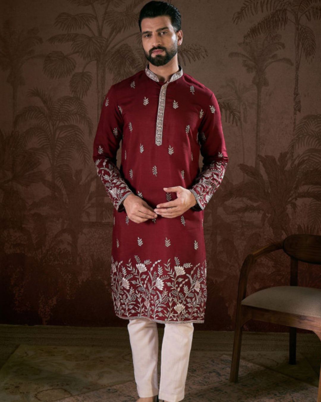 Royal Maroon Zari Embroidered Kurta